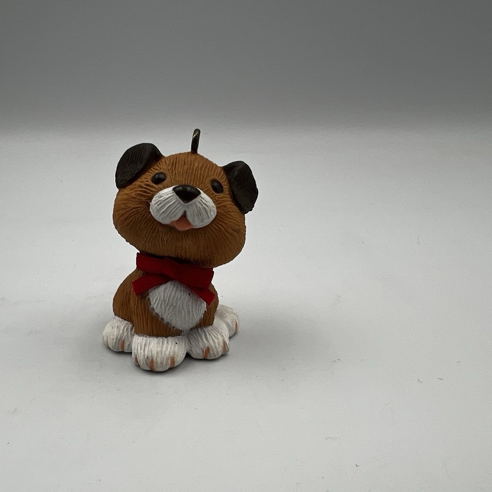 Vintage 1983 Hallmark Keepsake Ornament  Holiday Tan Puppy  Red Bow
